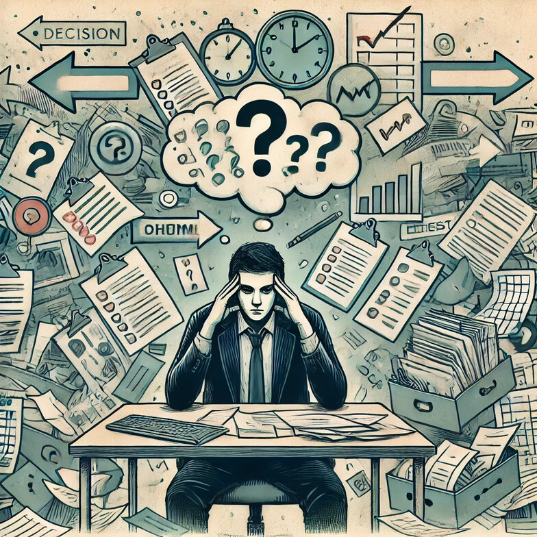 A tired professional struggling with mental exhaustion from constant decision making and staring at a long list, feeling fatigued by too many daily choices.