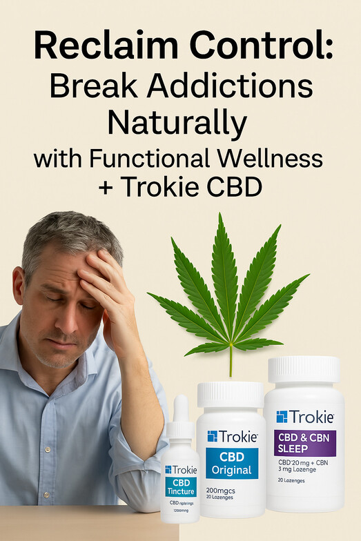 "Reclaim Control: Functional wellness approach to breaking addictions naturally with Trokie CBD, featuring cannabis leaf, stressed man, and CBD product visuals on a clean beige background.