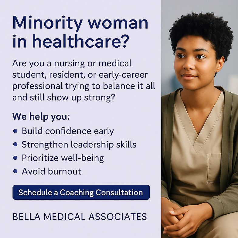 Minority woman in scrubs sitting confidently thinking about burnout prevention mindset strategies.